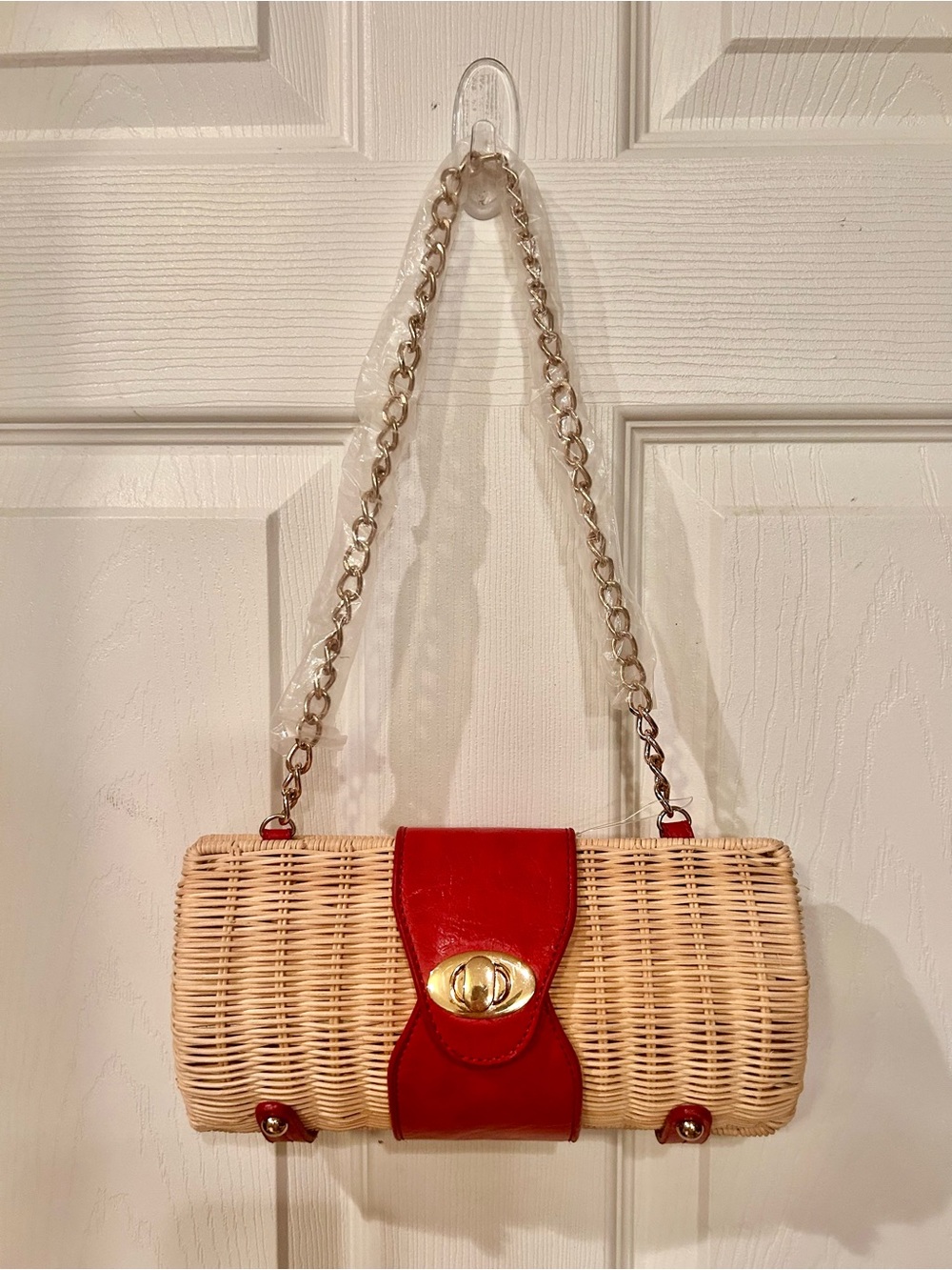 Woven Straw Studios Shoulder Bag with Red Leather Accent